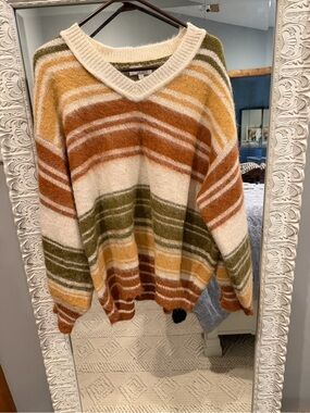 Striped V-Neck Cozy Sweater in Cream, Rust & Olive